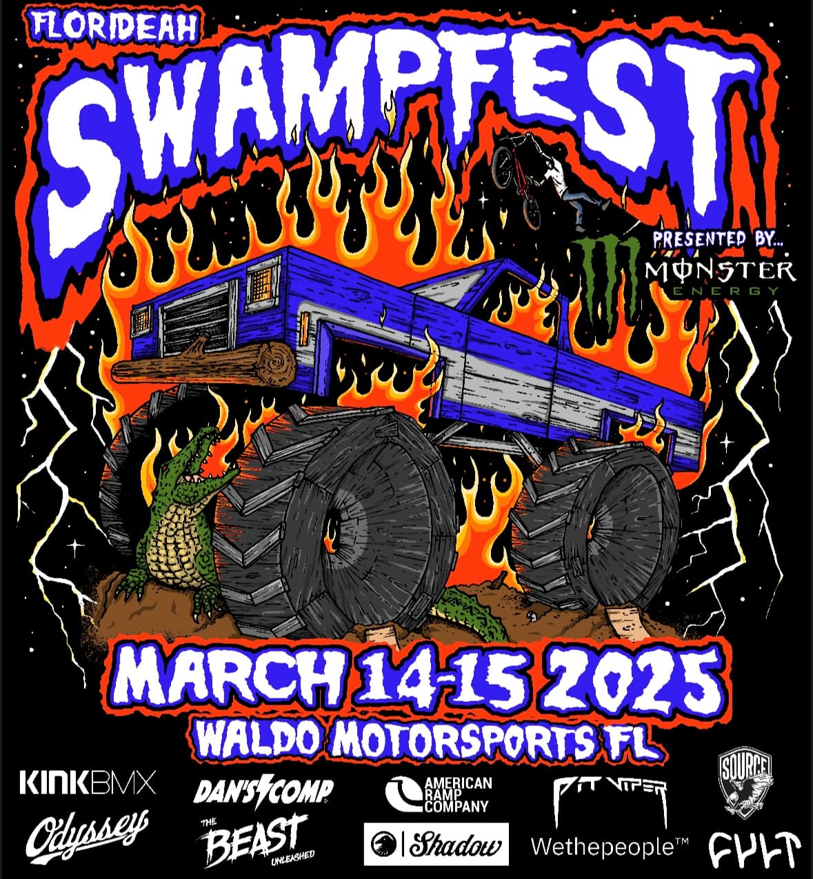 illustration of mud truck and flames featured on the flyer for Swamp Fest