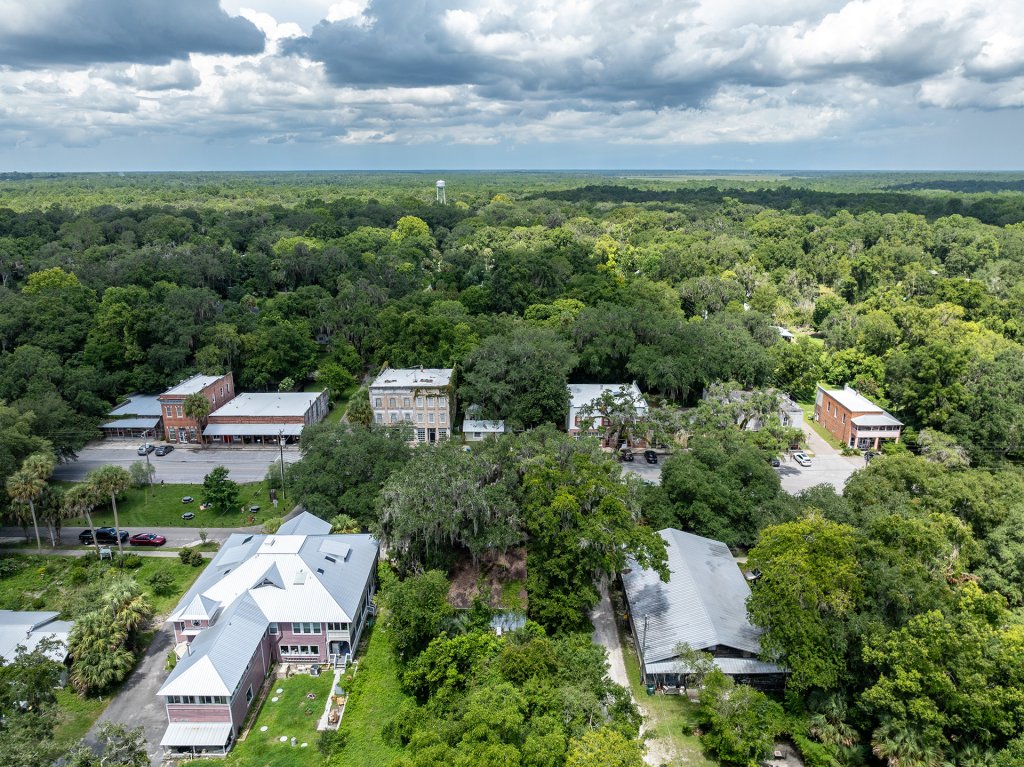 An aerial view of historic Micanopy, Florida.