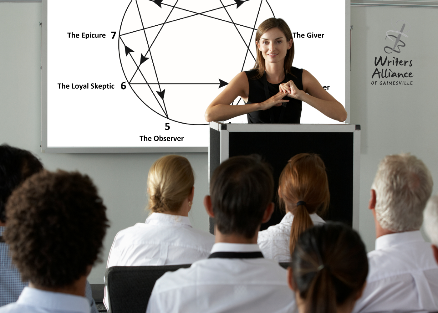 a woman teaches an audience using an image of the Enneagram