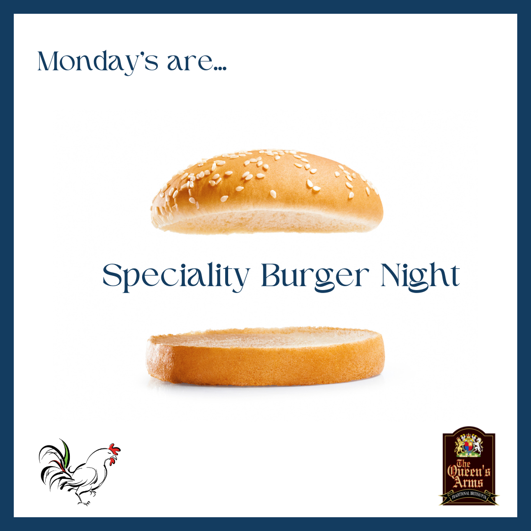 Burger bun open with text inside "Mondays are speciality burger night"