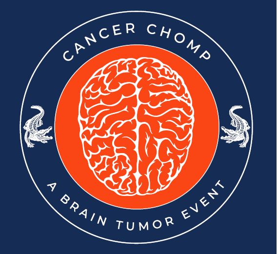 cancer chomp logo with illustration of alligators and brain