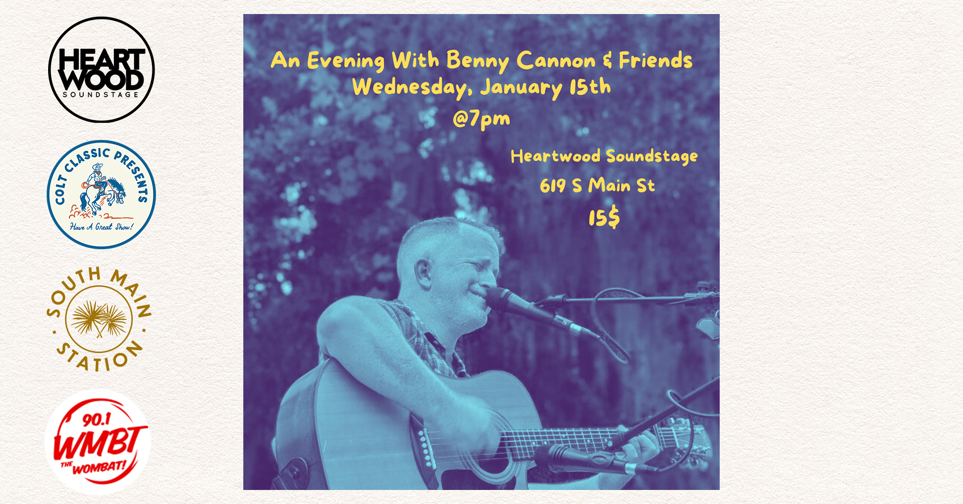 Photo of Benny Cannon singing while playing guitar