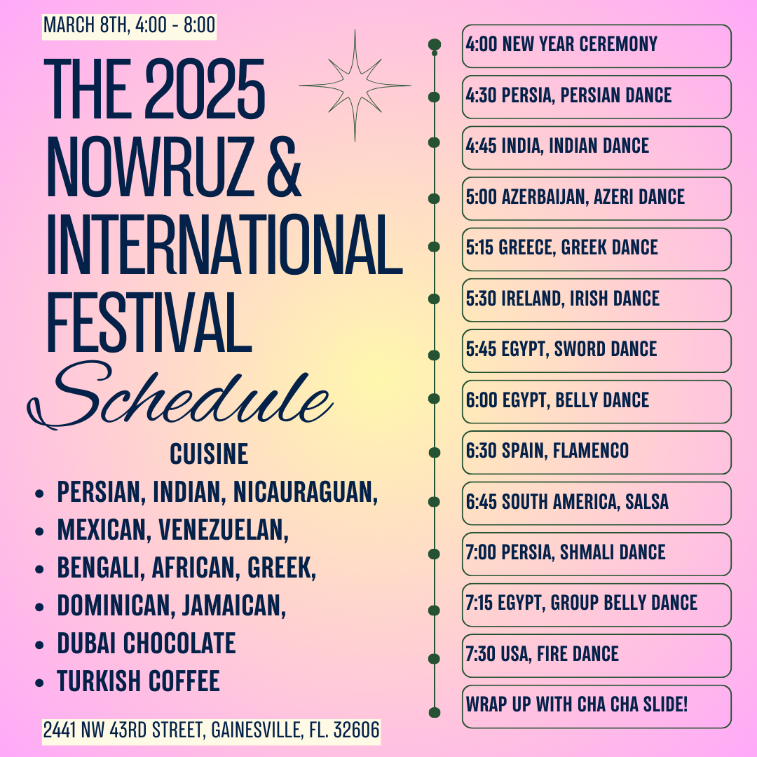 Nowruz Festival schedule featuring Cuisine, Dance, Art, Culture, Events, Persian, International