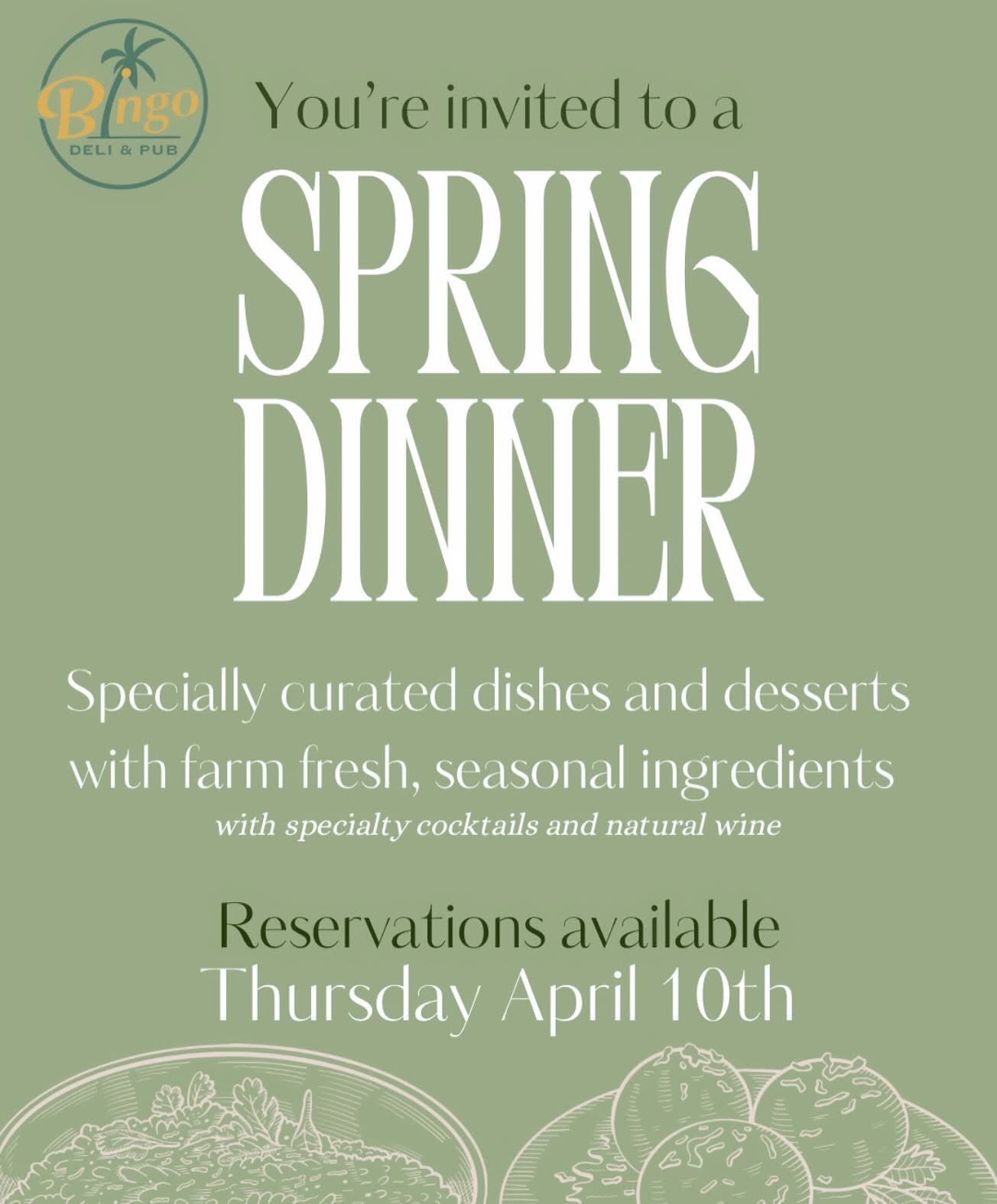 flyer for spring dinner at bingo deli and pub