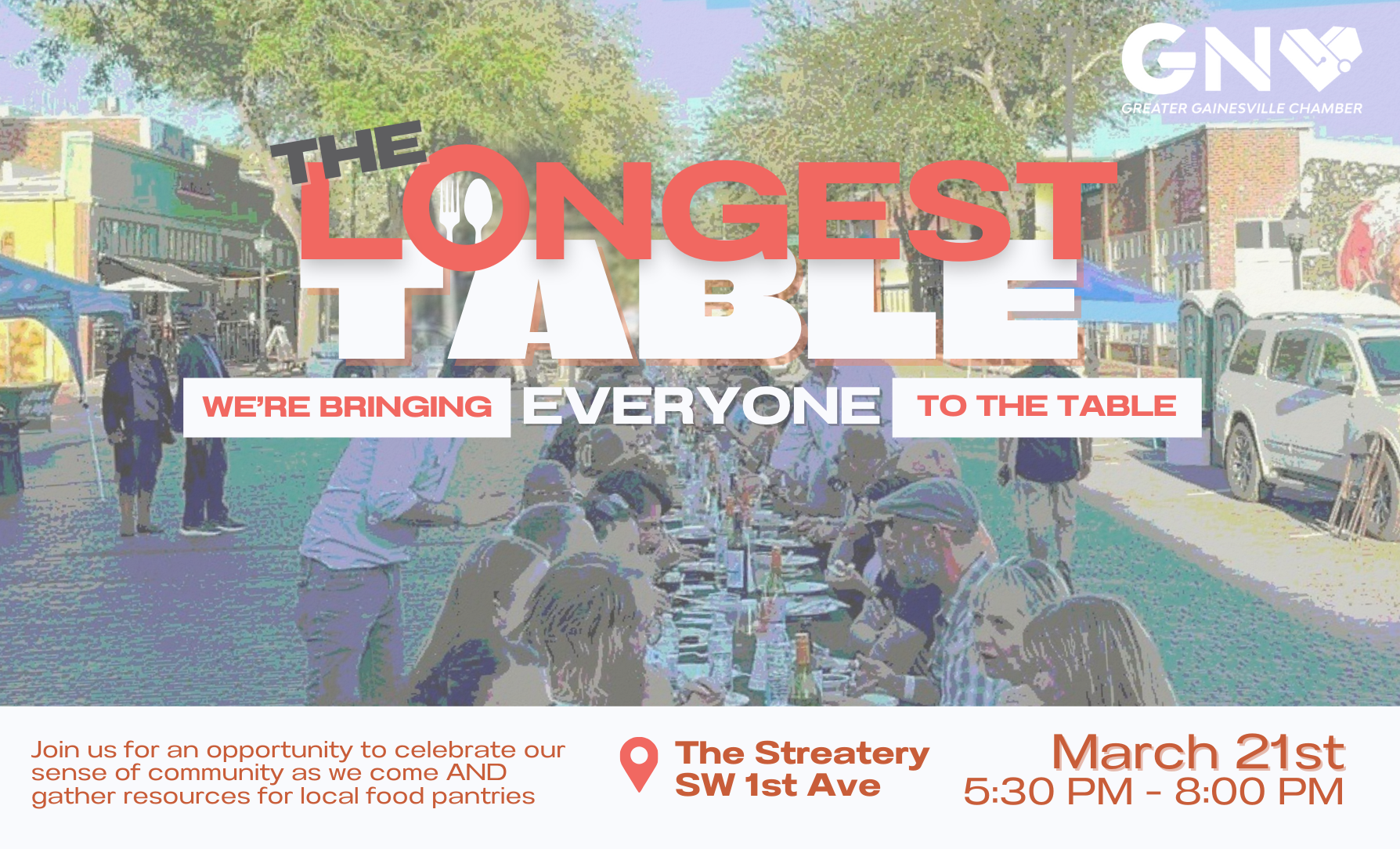 poster for The Longest Table with image of people dining at a long table in downtown gainesville