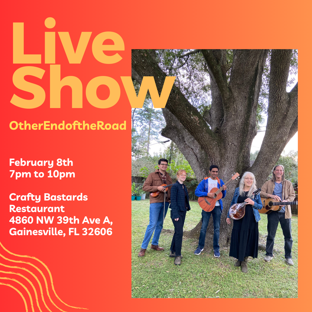 live show other end of the road, image of musicians with instruments standing in front of a live oak tree