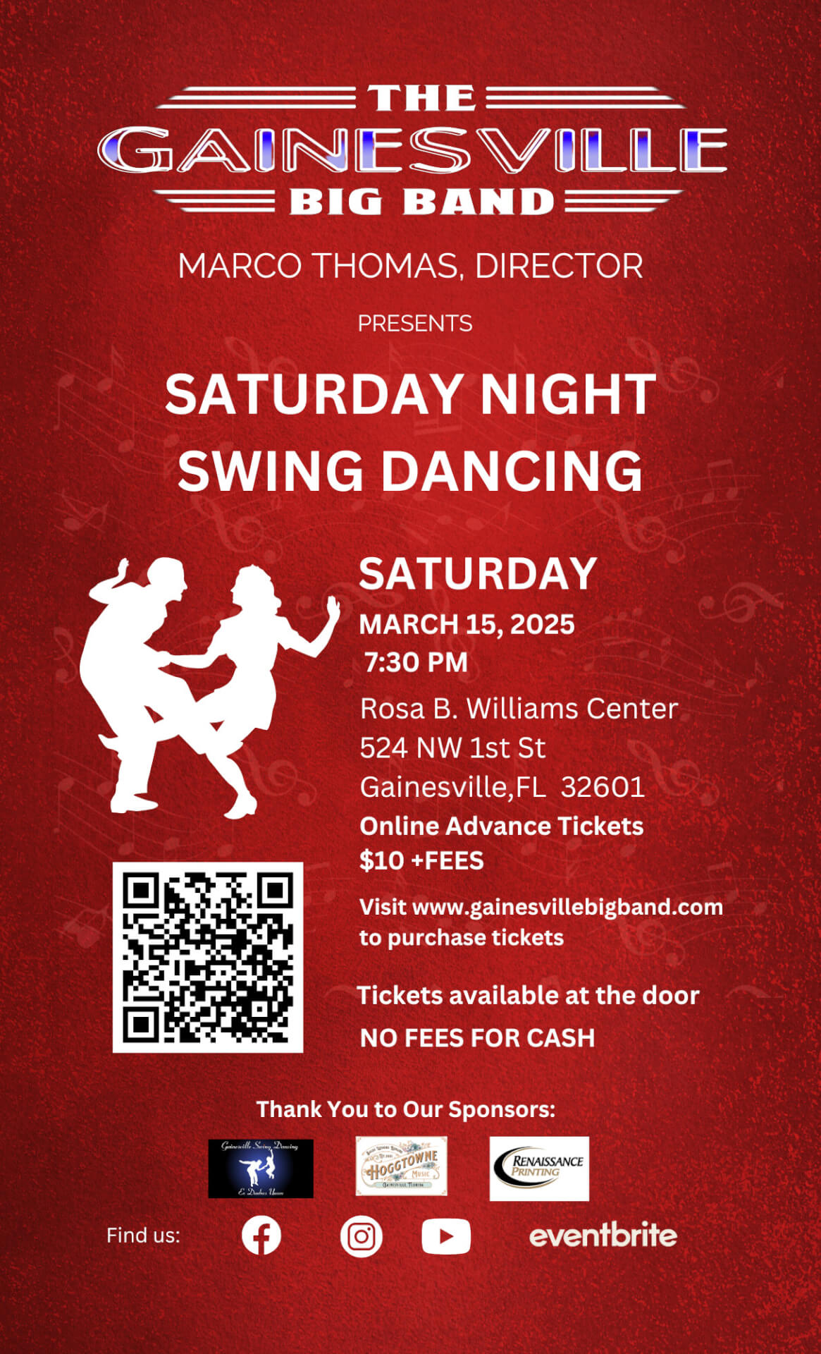 poster for the gainesville big band saturday night swing dancing