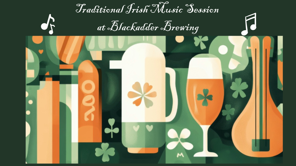 traditional irish session image with abstract illustration of istruments and beer glasses