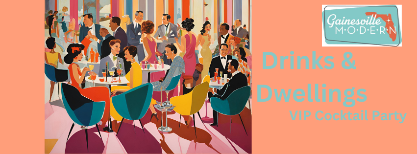 Colorful graphic of a cocktail party done in midcentury modern style.