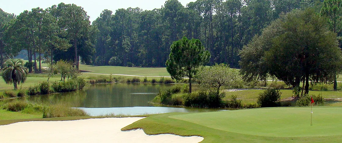 Tall trees and a lake surround a golf green in Alachua County, Florida. 