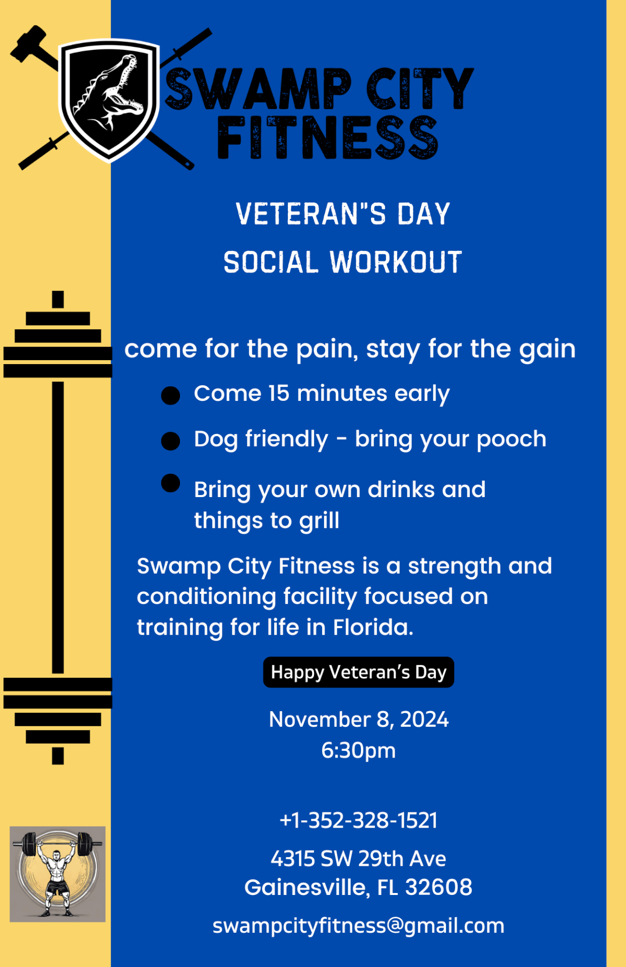 swamp city fitness veterans day social workout poster