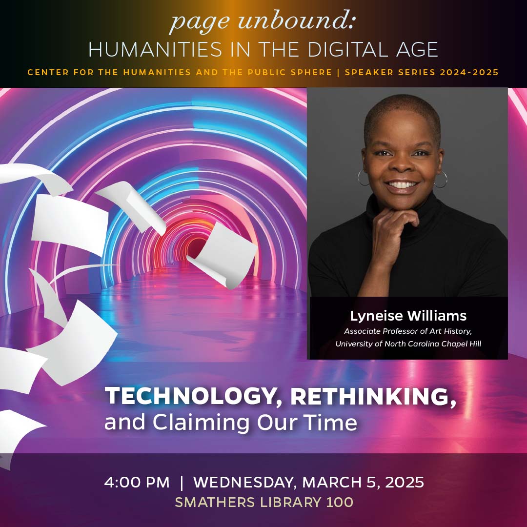 Dr. Lyneise Williams in a black and white photo placed among a colorful background of neon lights and paper pieces flying behind her